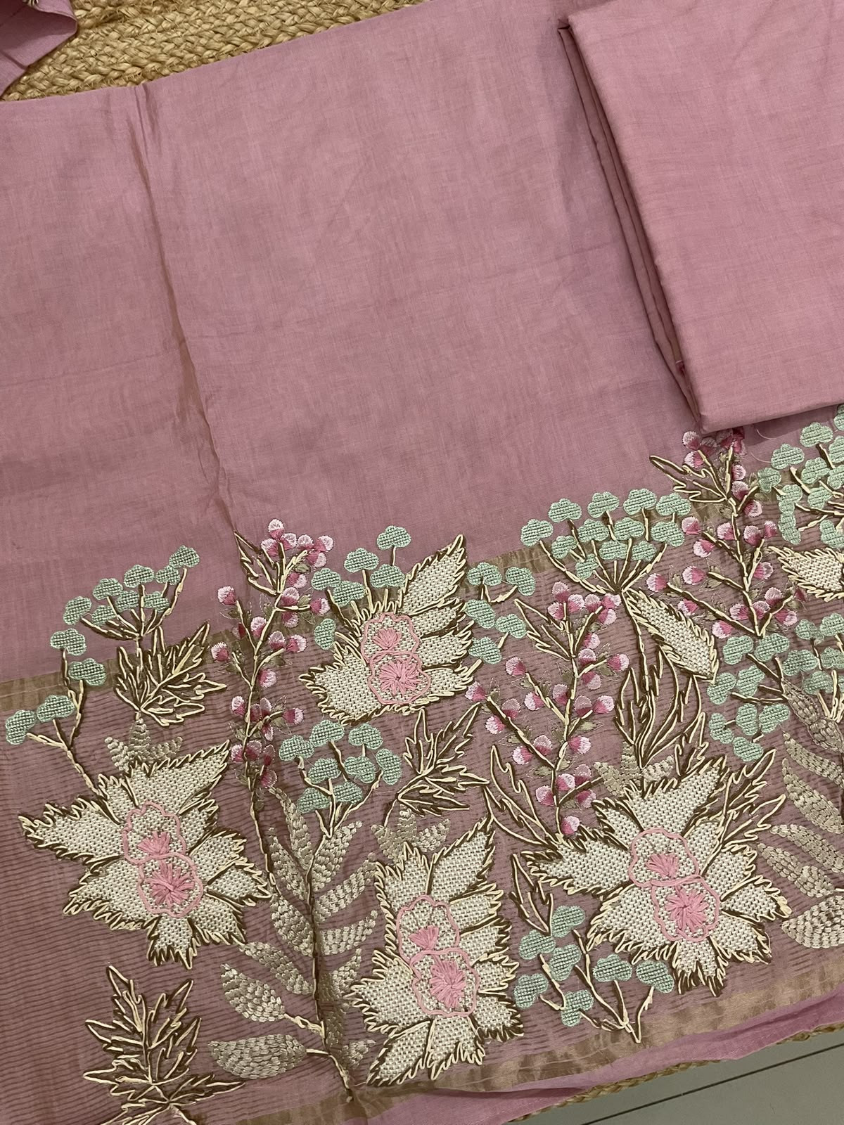 Soft Kora Chanderi Banarasi Weaved Embroidered Suit - Lilac Pink