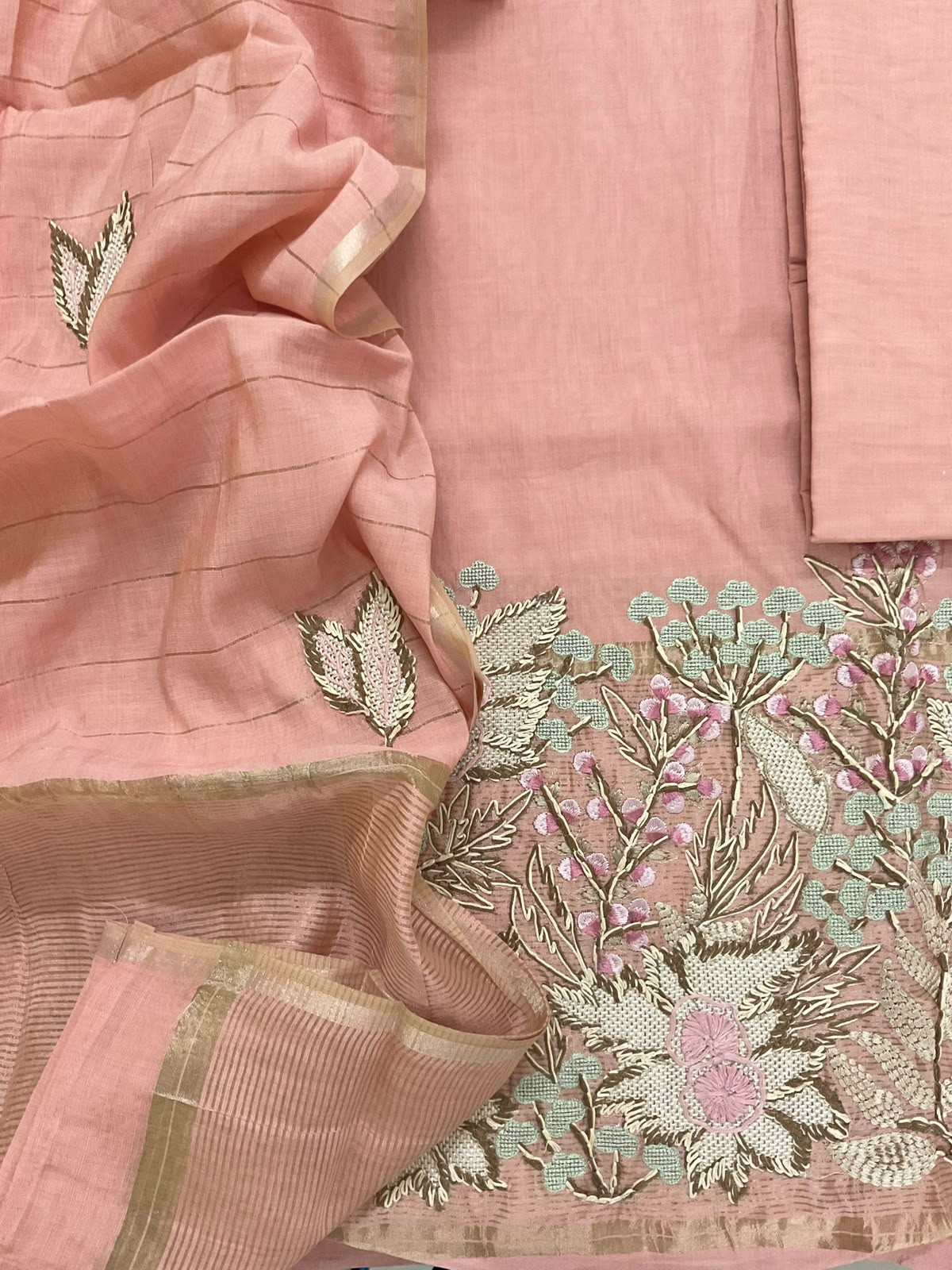 Soft Kora Chanderi Banarasi Weaved Embroidered Suit - Peach