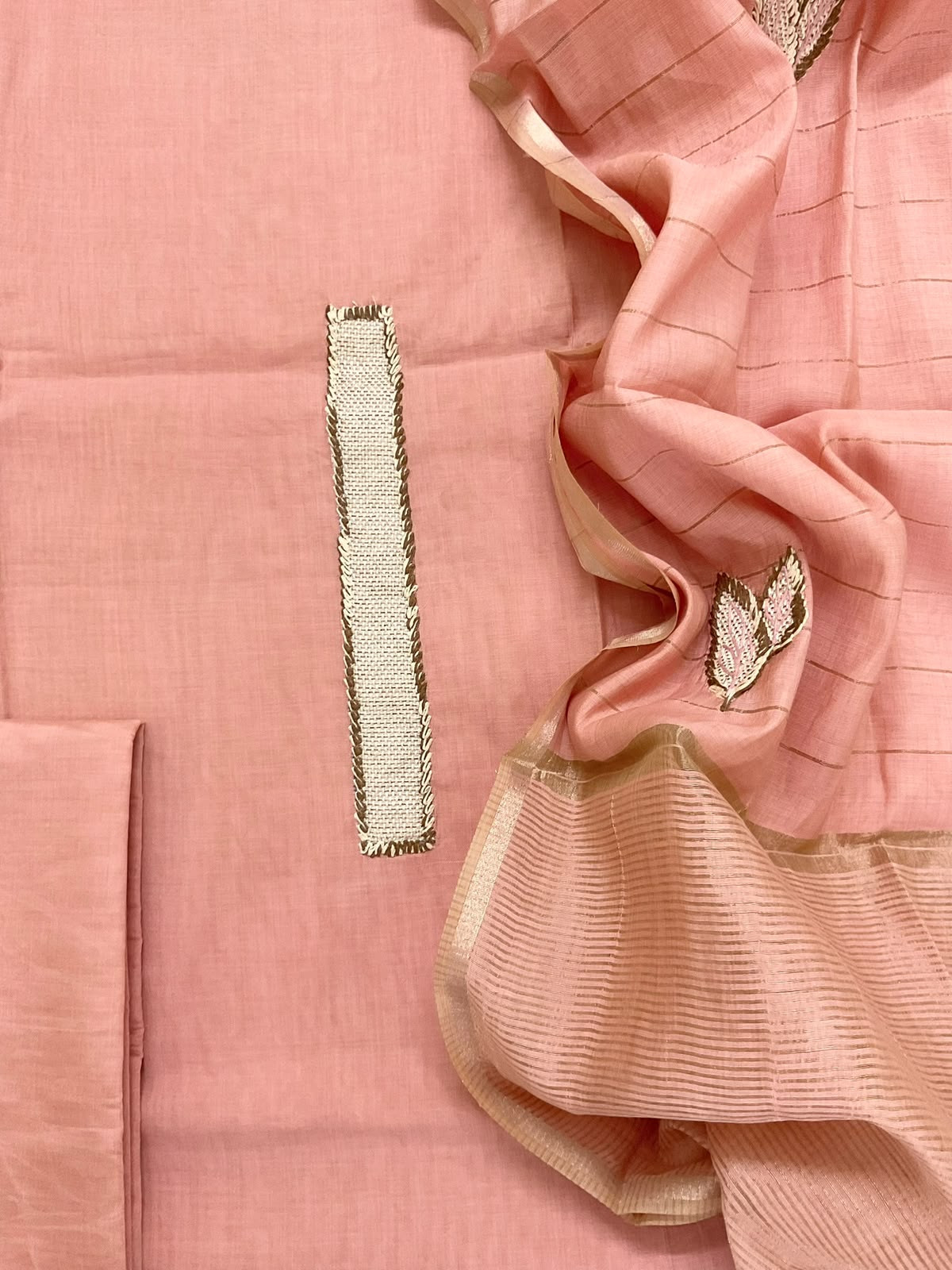 Soft Kora Chanderi Banarasi Weaved Embroidered Suit - Peach