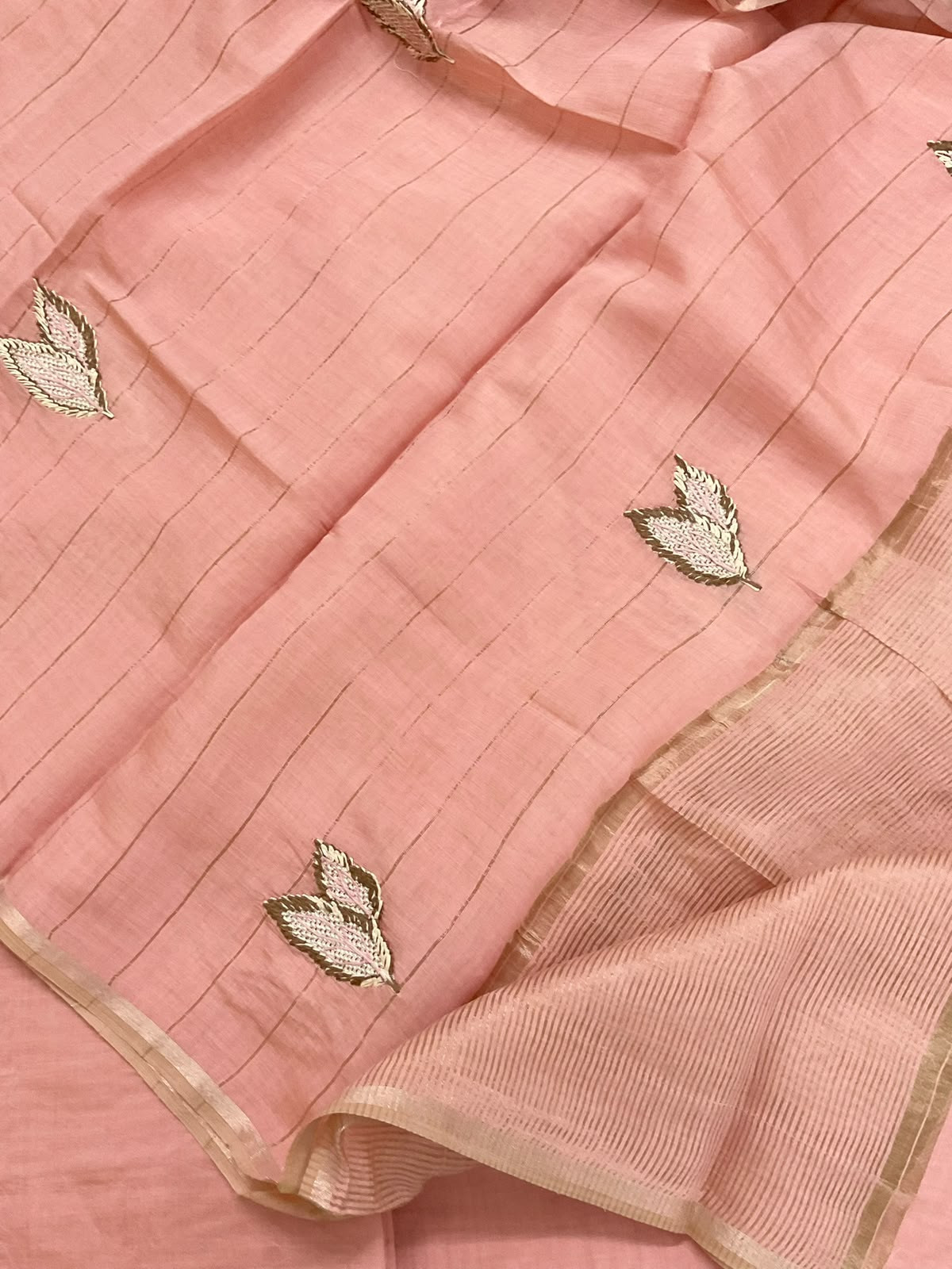 Soft Kora Chanderi Banarasi Weaved Embroidered Suit - Peach