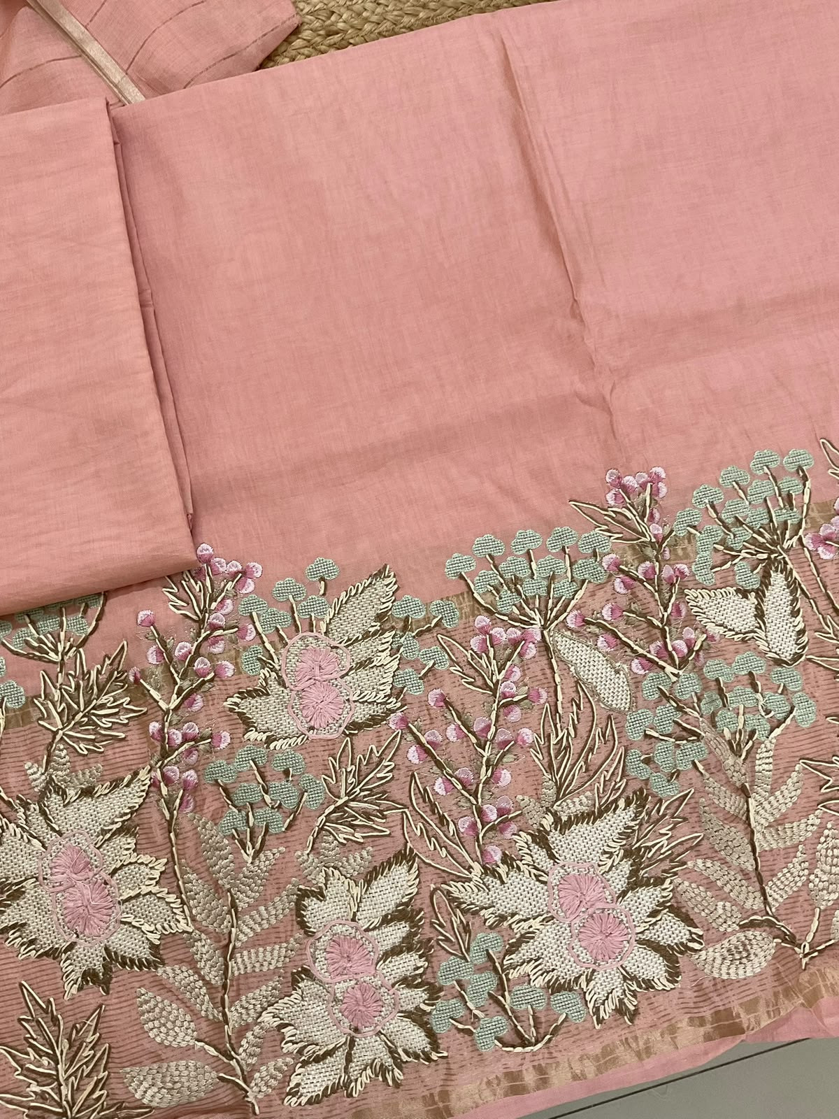 Soft Kora Chanderi Banarasi Weaved Embroidered Suit - Peach