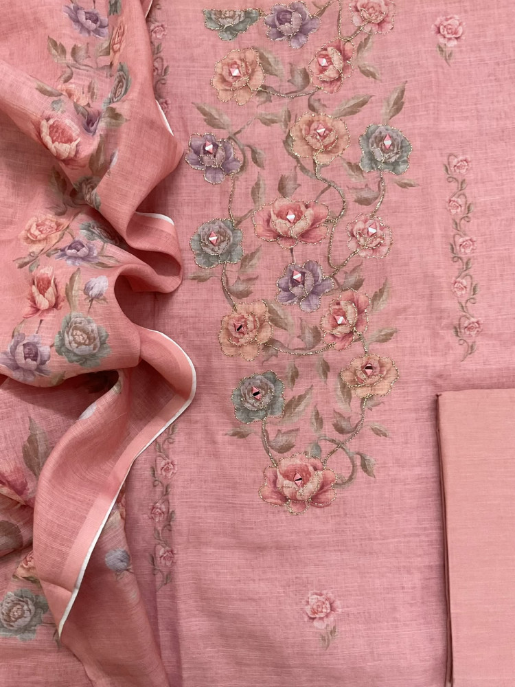 Image of Soft Fine Linen Jute Cotton Printed Embroidered Suit - Peachish Pink