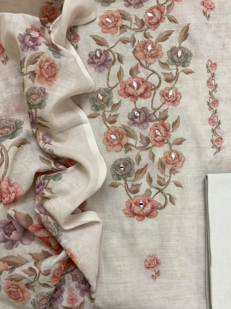 Image of Soft Fine Linen Jute Cotton Printed Embroidered Suit - Offwhite