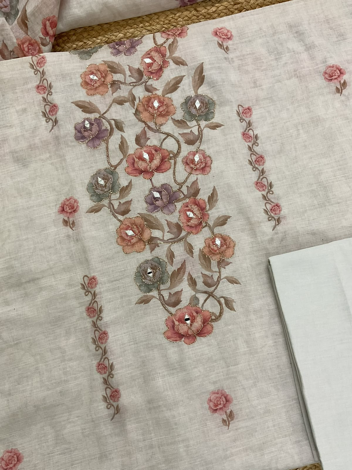 Soft Fine Linen Jute Cotton Printed Embroidered Suit - Offwhite