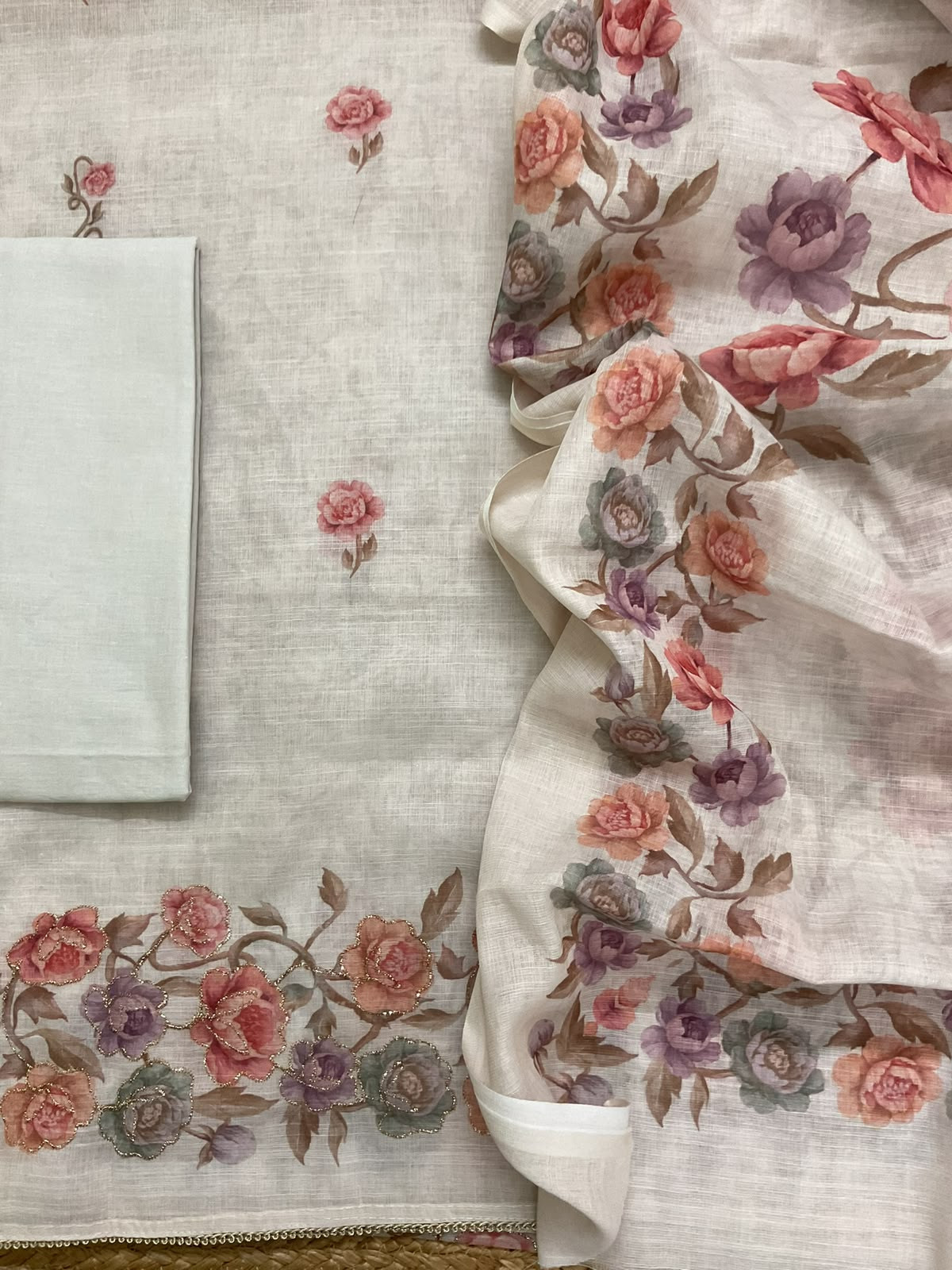 Soft Fine Linen Jute Cotton Printed Embroidered Suit - Offwhite