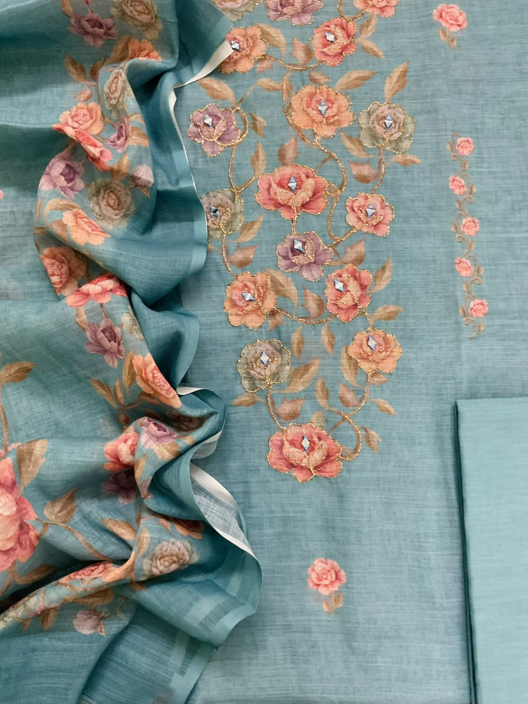 Image of Soft Fine Linen Jute Cotton Printed Embroidered Suit - BLUE