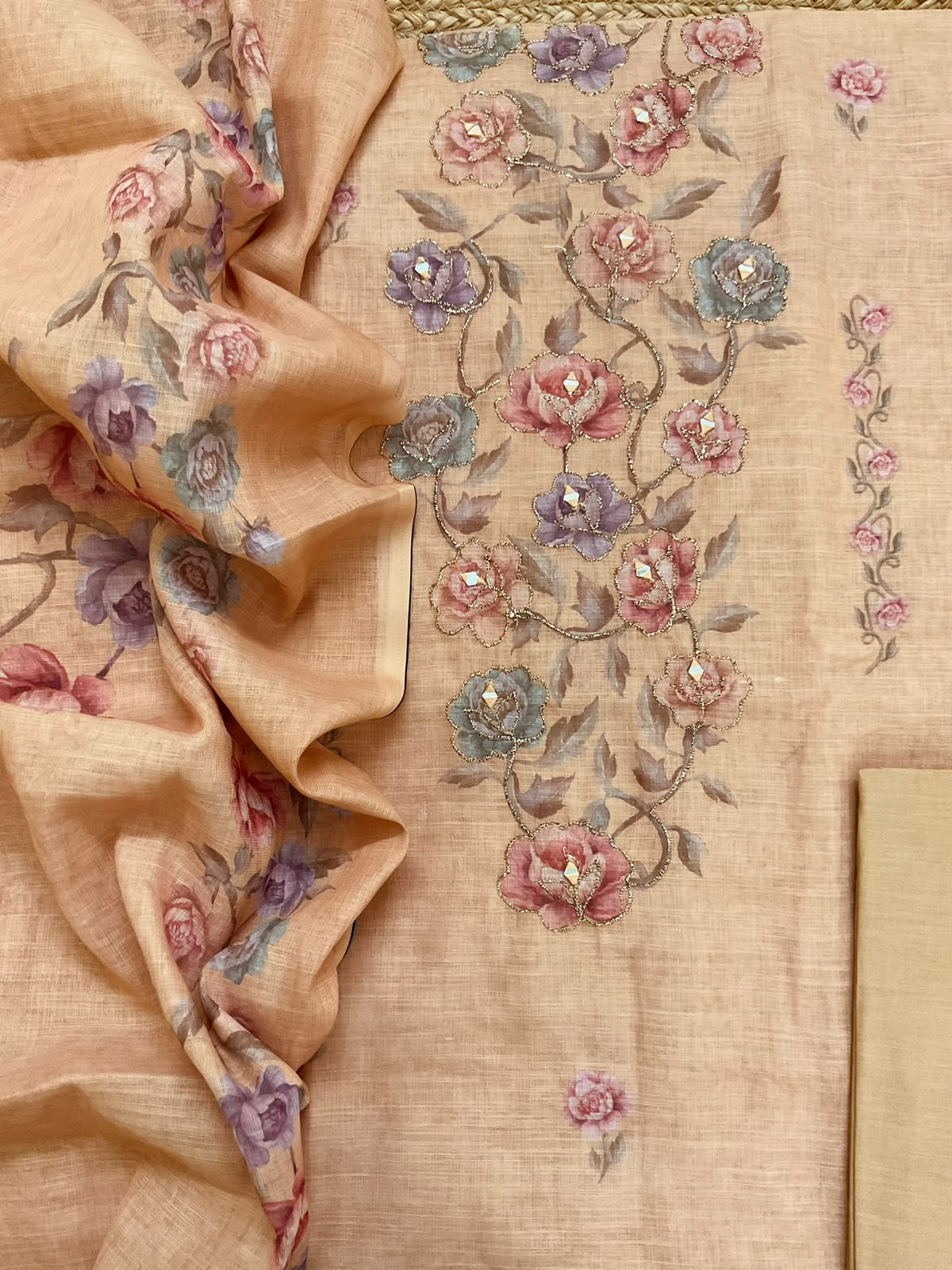 Soft Fine Linen Jute Cotton Printed Embroidered Suit - Peach