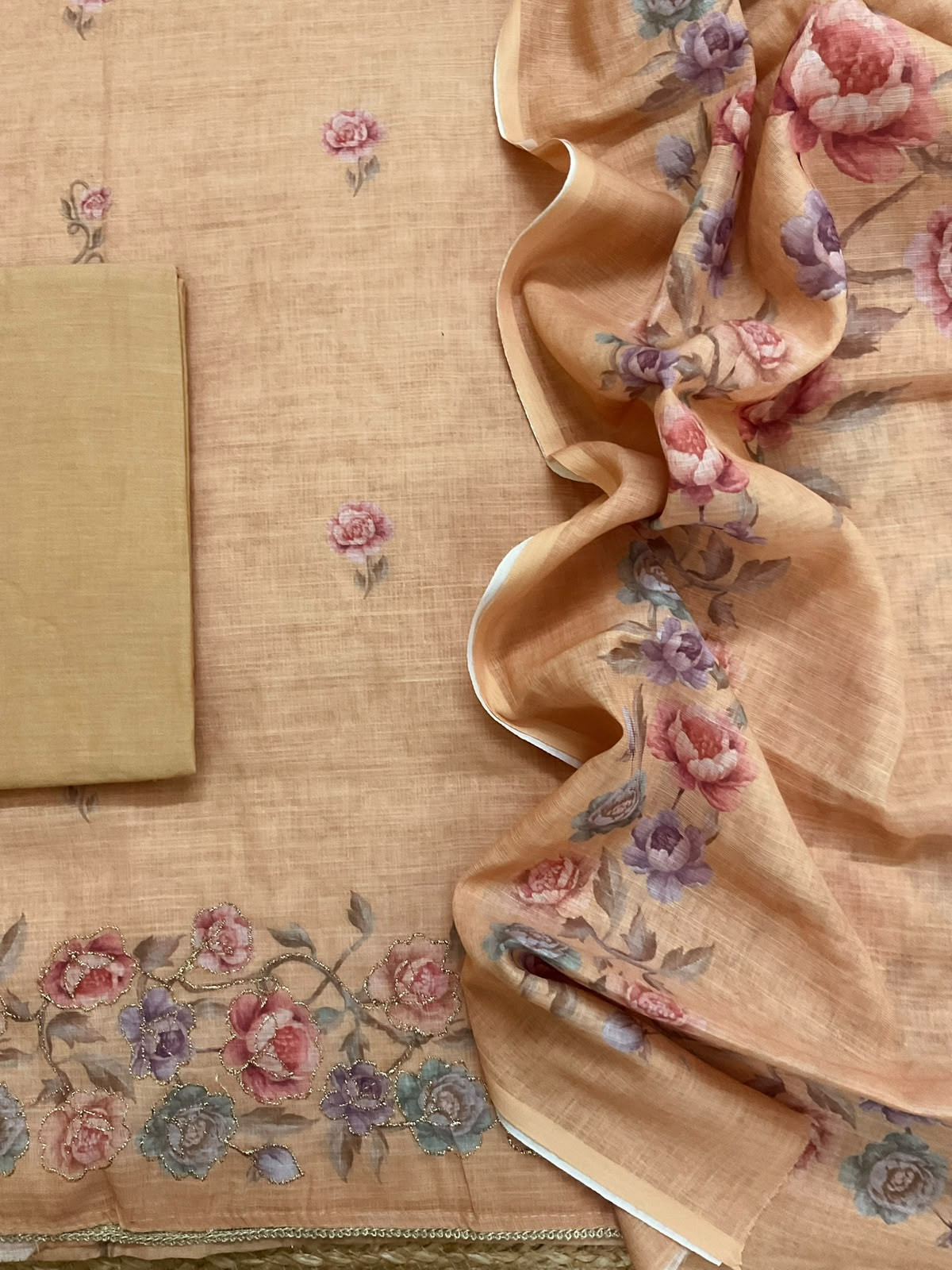 Soft Fine Linen Jute Cotton Printed Embroidered Suit - Peach