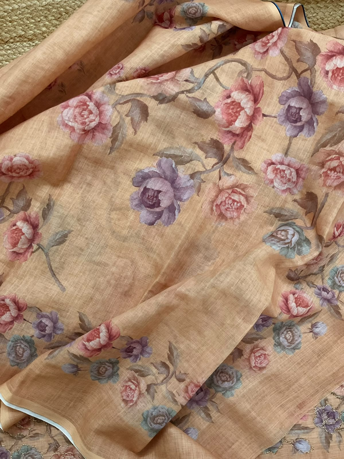 Soft Fine Linen Jute Cotton Printed Embroidered Suit - Peach