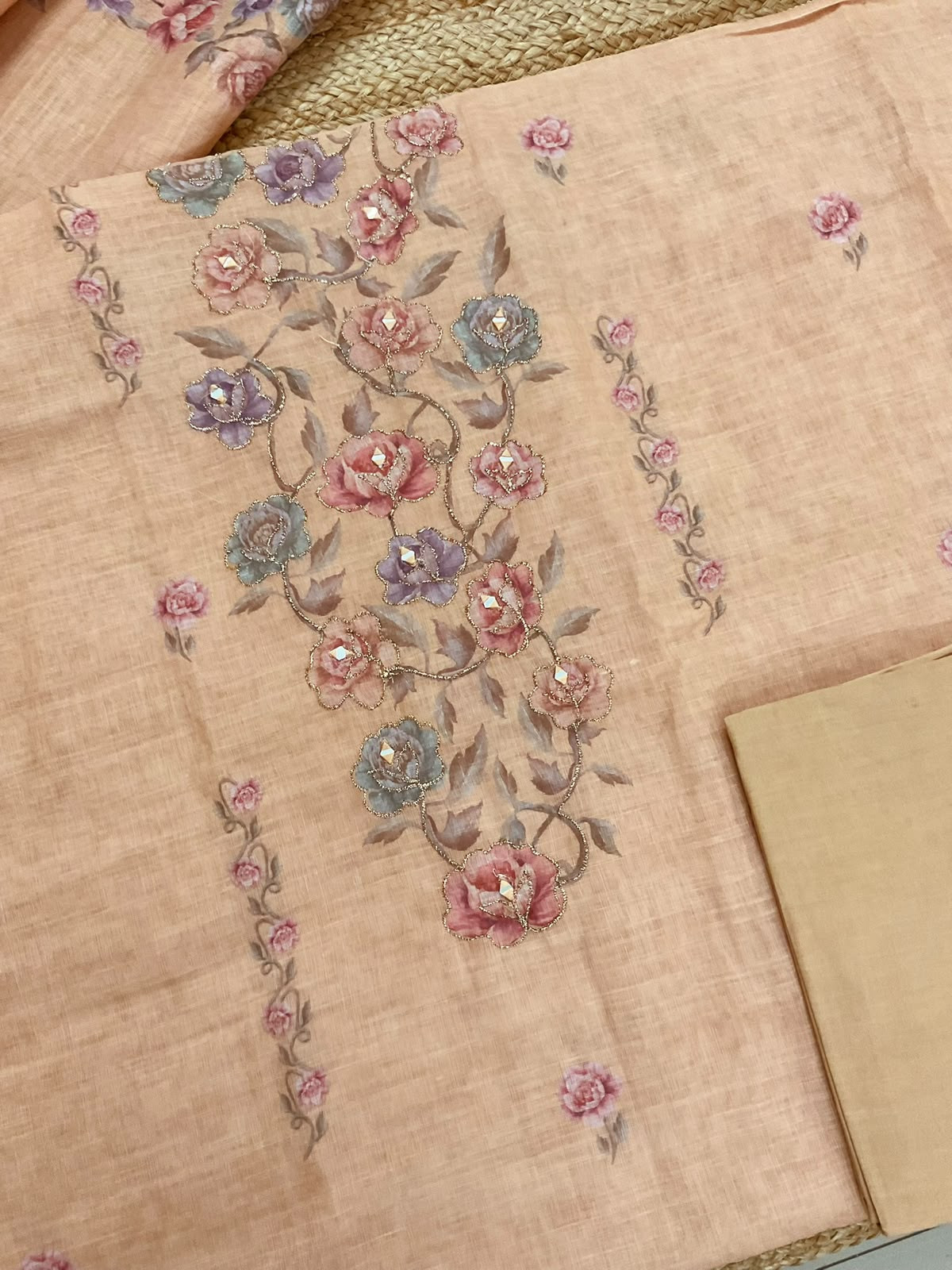 Soft Fine Linen Jute Cotton Printed Embroidered Suit - Peach