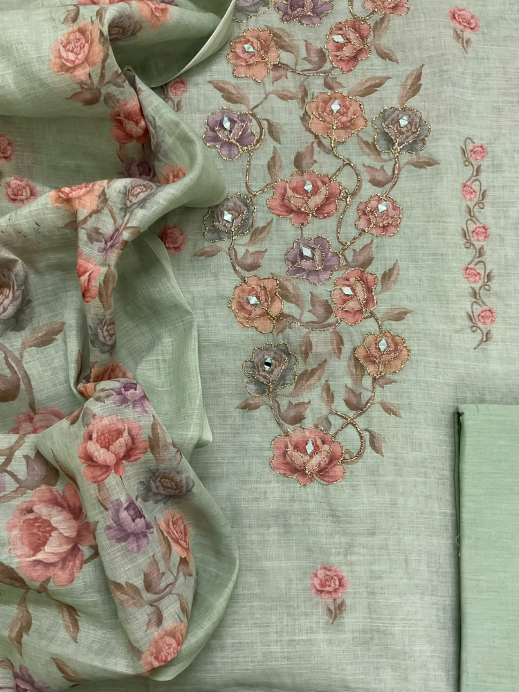 Image of Soft Fine Linen Jute Cotton Printed Embroidered Suit - Green