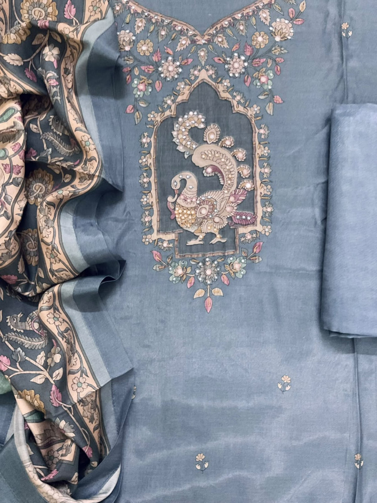 Image of Pure Fine Premium Muslin Printed Embroidered Suit - Greyish Blue