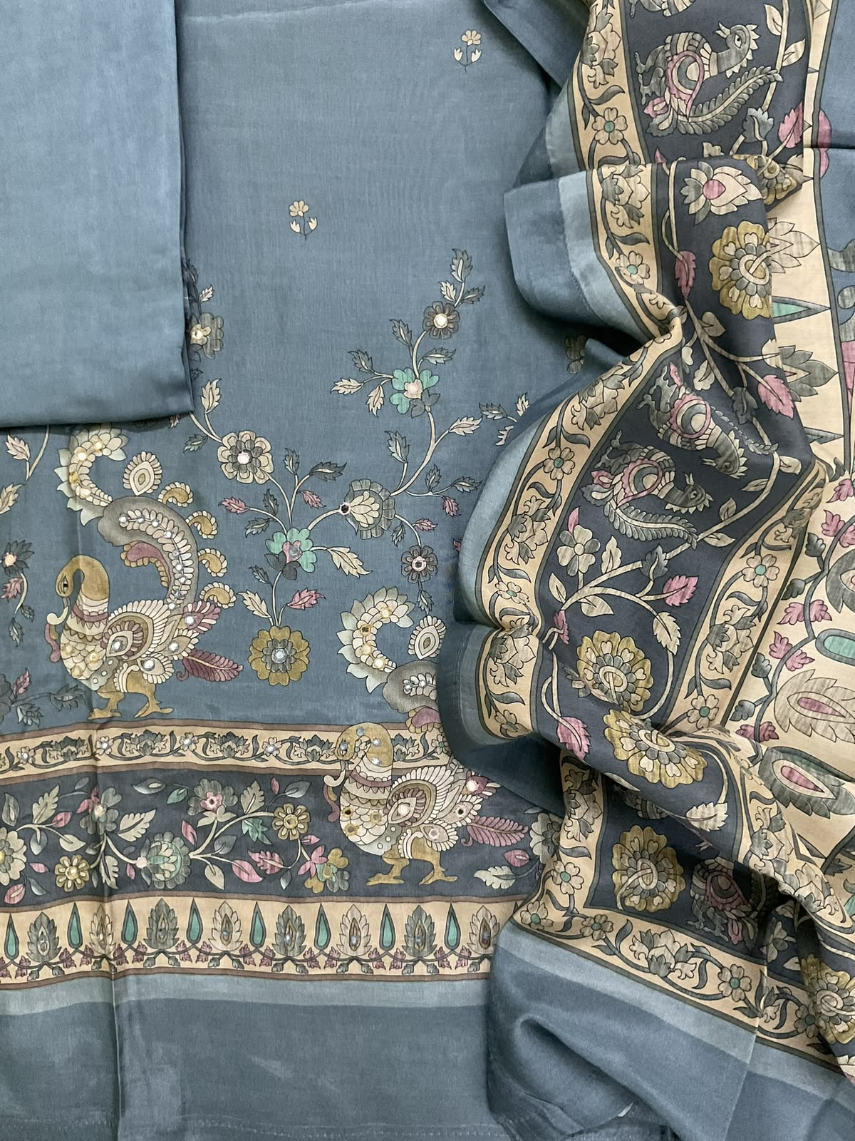 Pure Fine Premium Muslin Printed Embroidered Suit - Greyish Blue