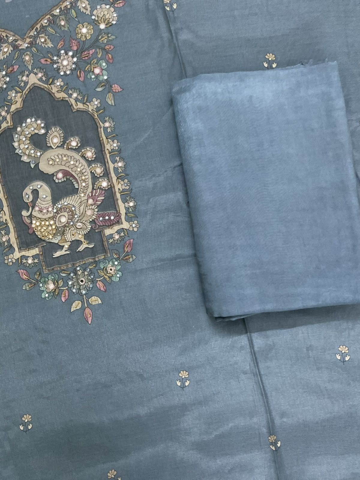 Pure Fine Premium Muslin Printed Embroidered Suit - Greyish Blue