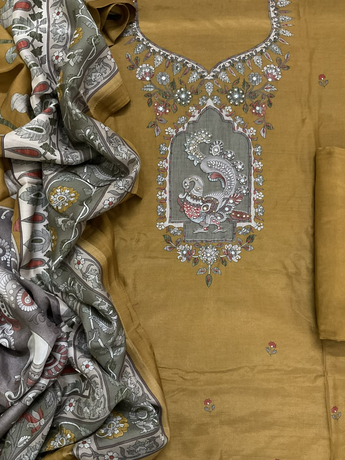 Pure Fine Premium Muslin Printed Embroidered Suit - Dark Mustard