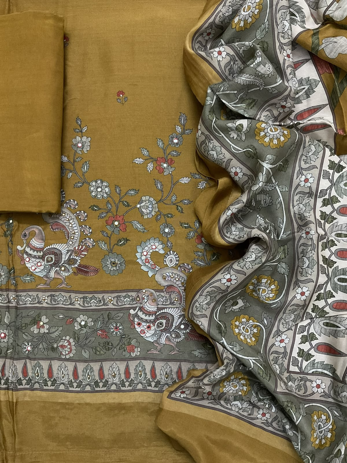 Pure Fine Premium Muslin Printed Embroidered Suit - Dark Mustard