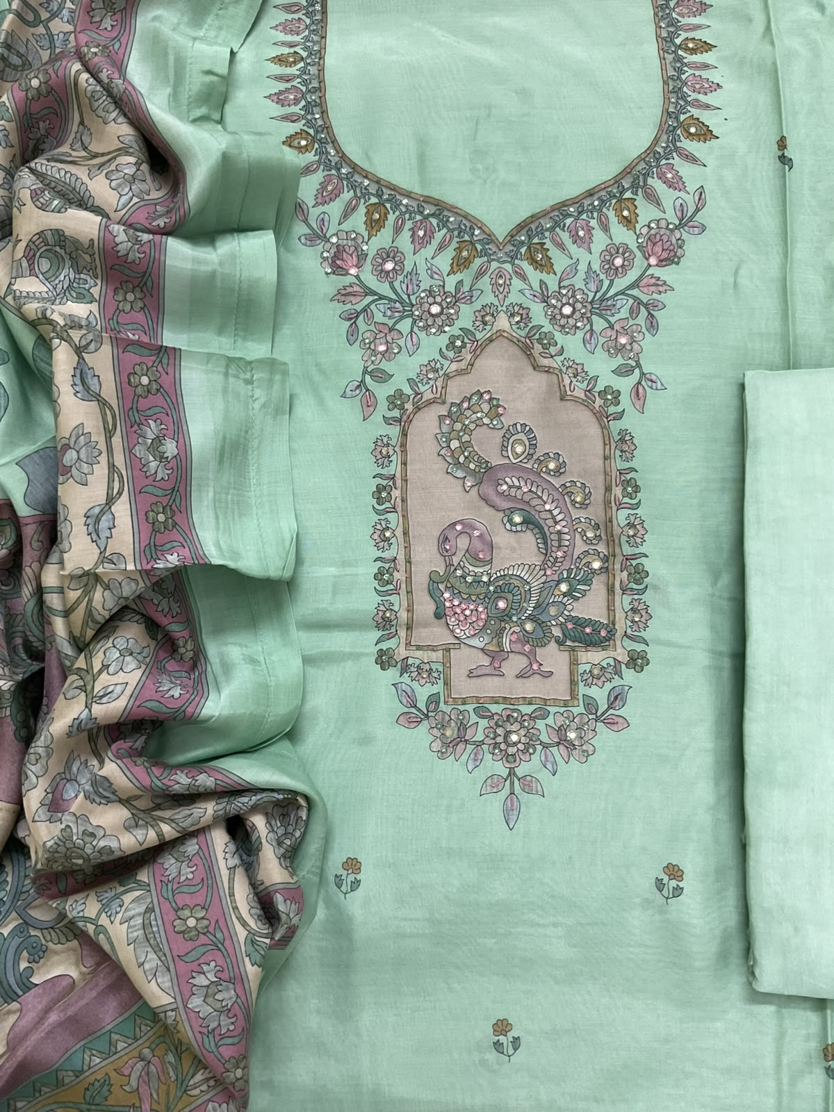 Pure Fine Premium Muslin Printed Embroidered Suit - Green