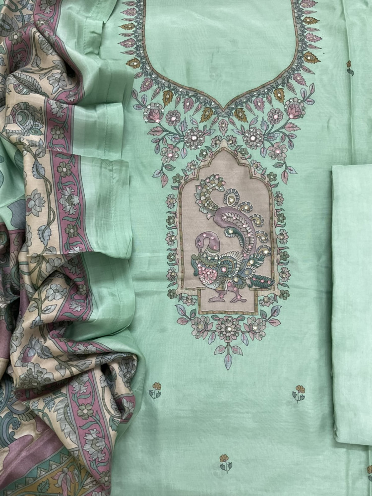 Image of Pure Fine Premium Muslin Printed Embroidered Suit - Green