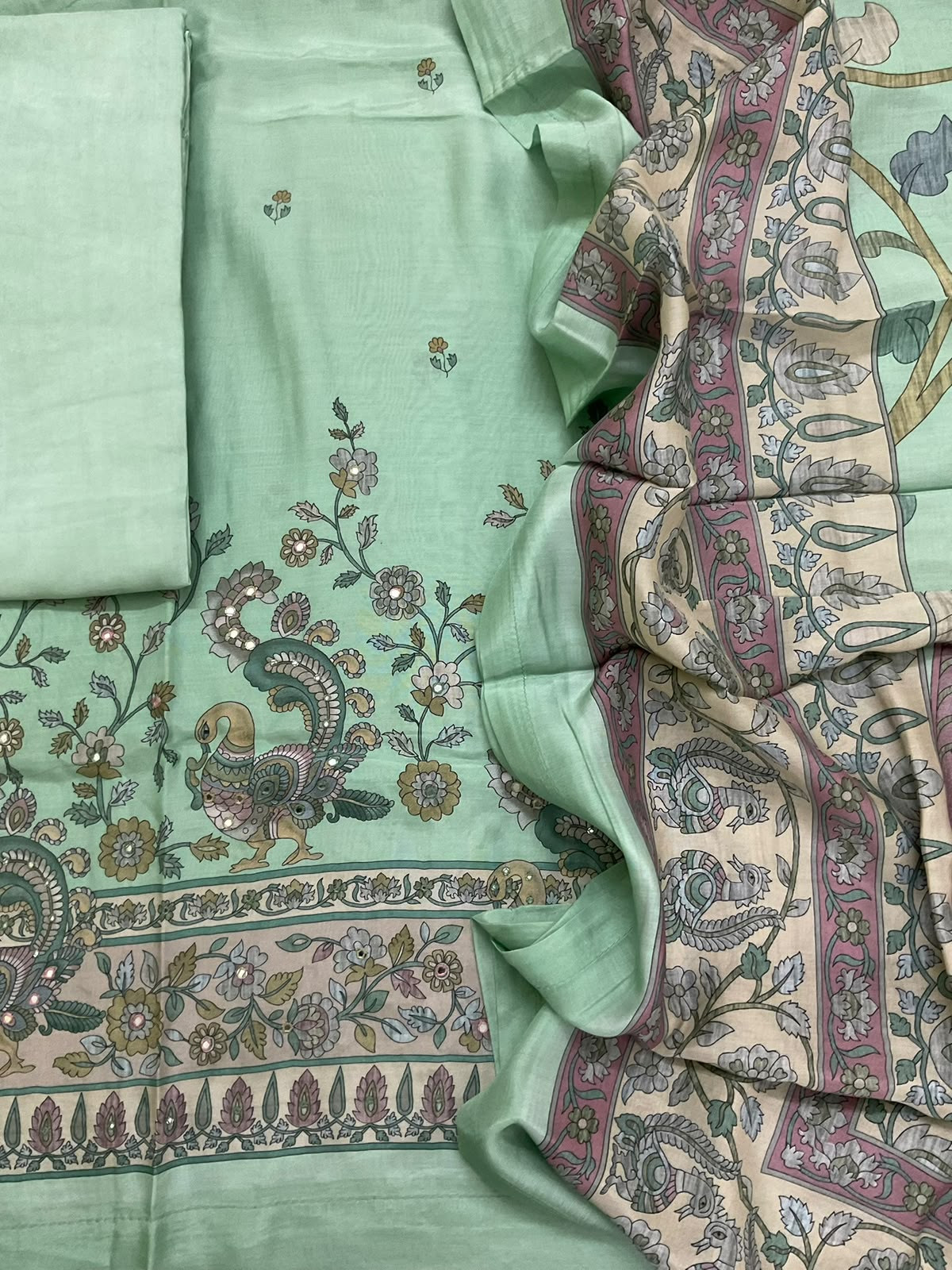 Pure Fine Premium Muslin Printed Embroidered Suit - Green