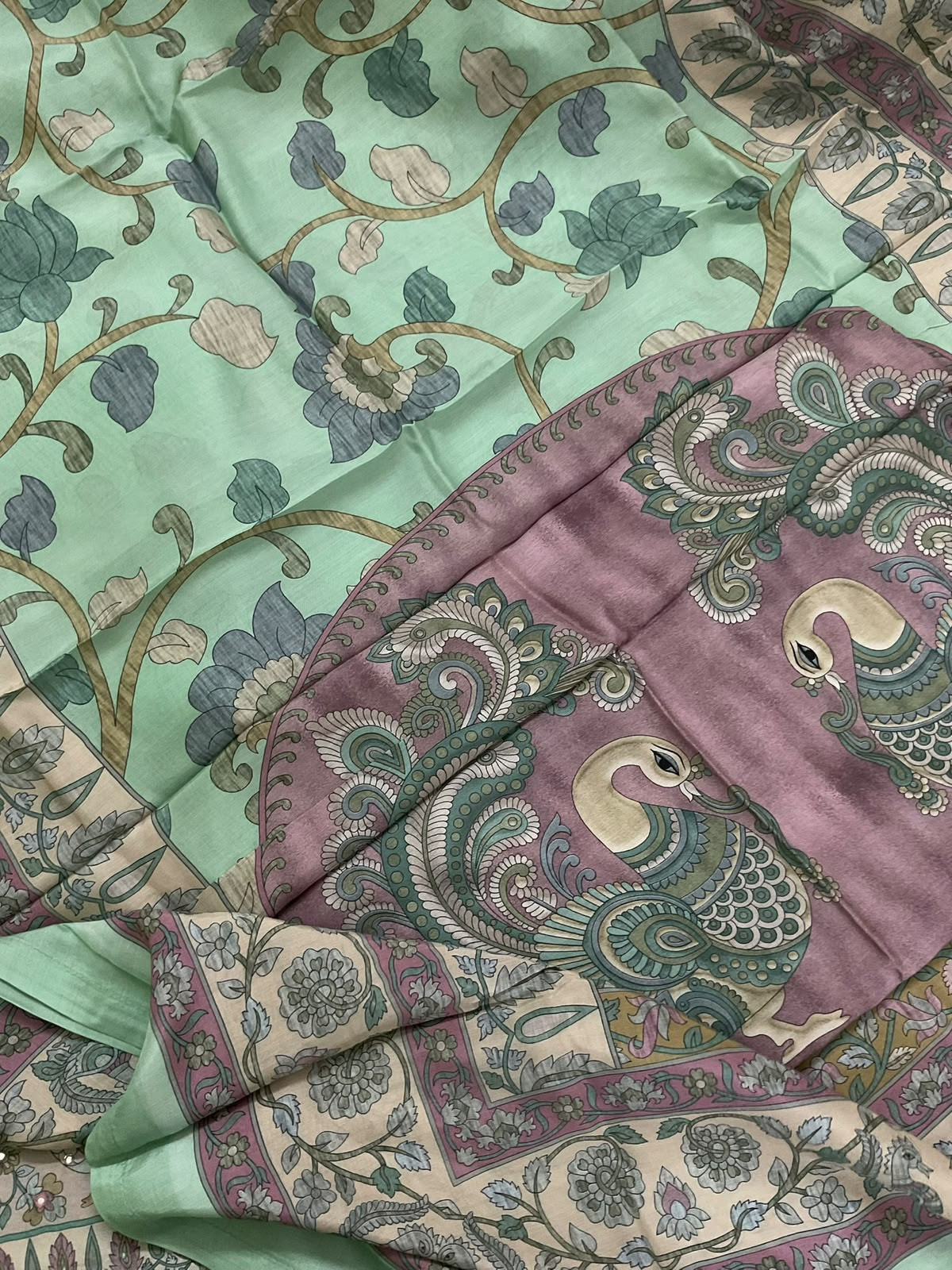 Pure Fine Premium Muslin Printed Embroidered Suit - Green