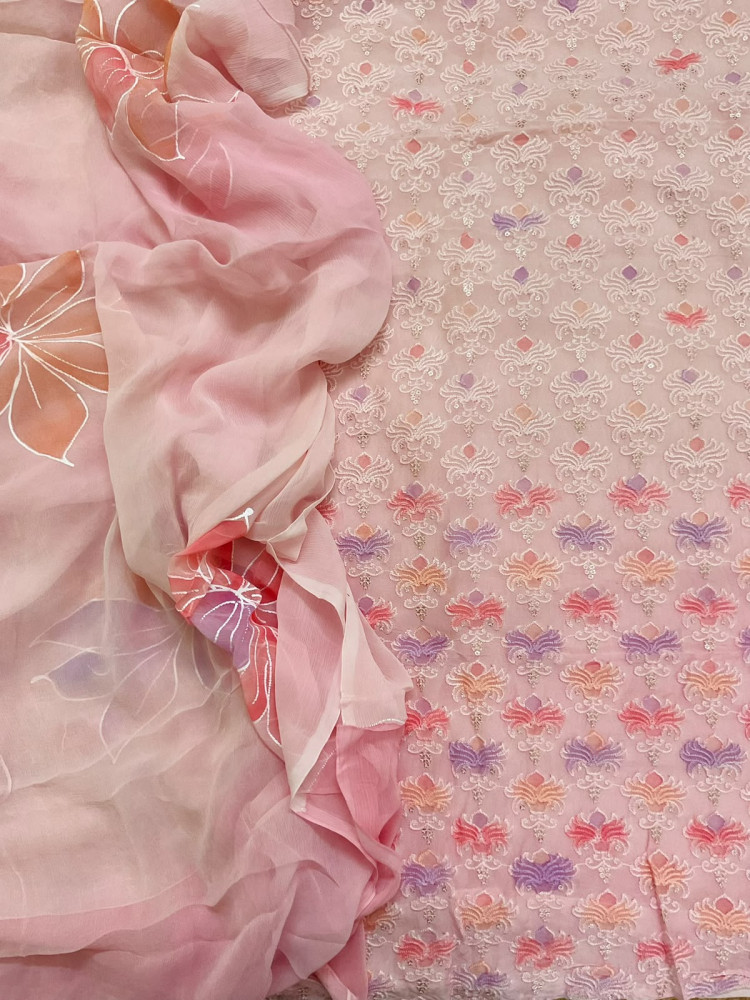 Image of Pure Organza Brush Painted Embroidered Suit - Pink