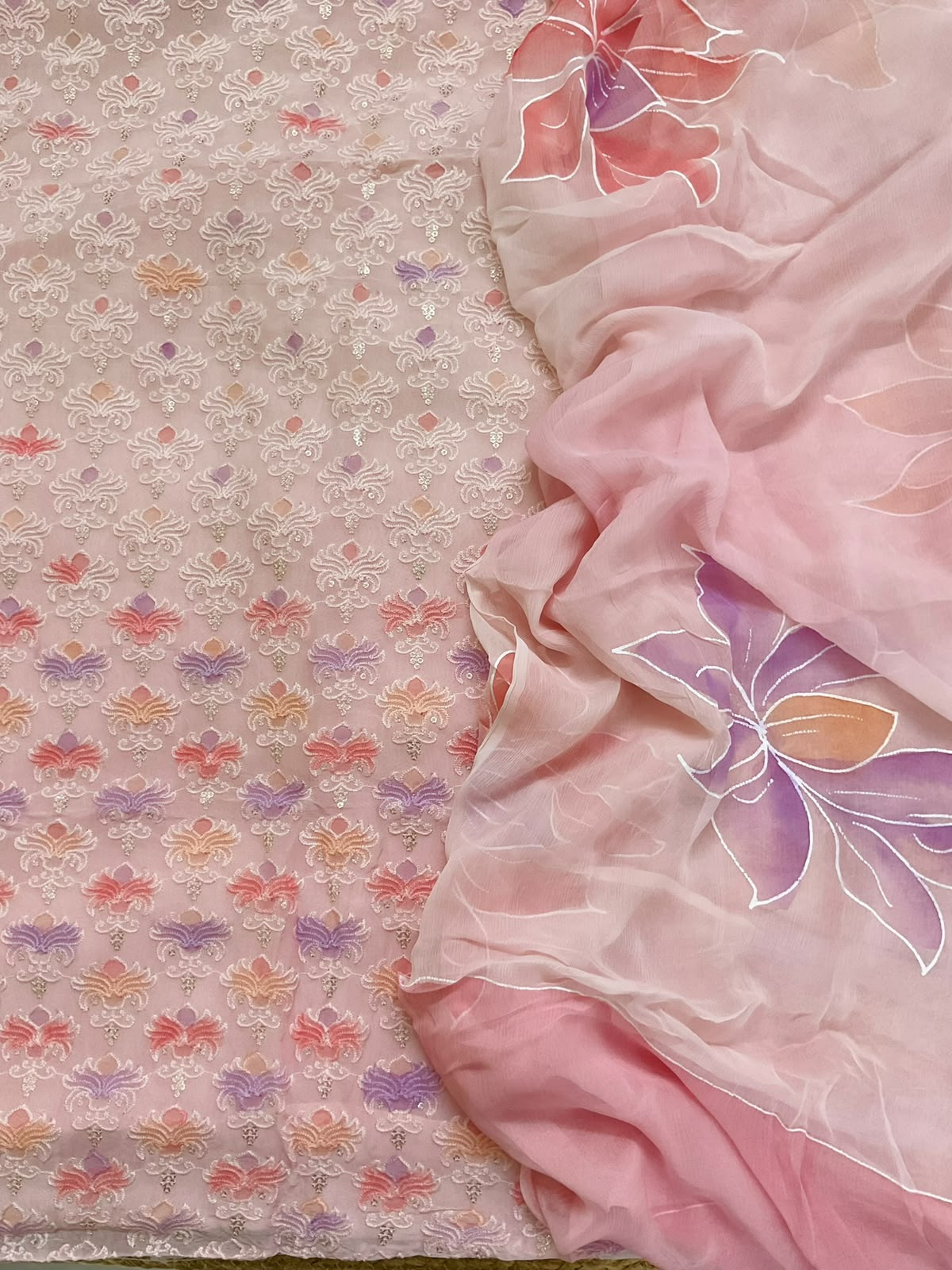 Pure Organza Brush Painted Embroidered Suit - Pink