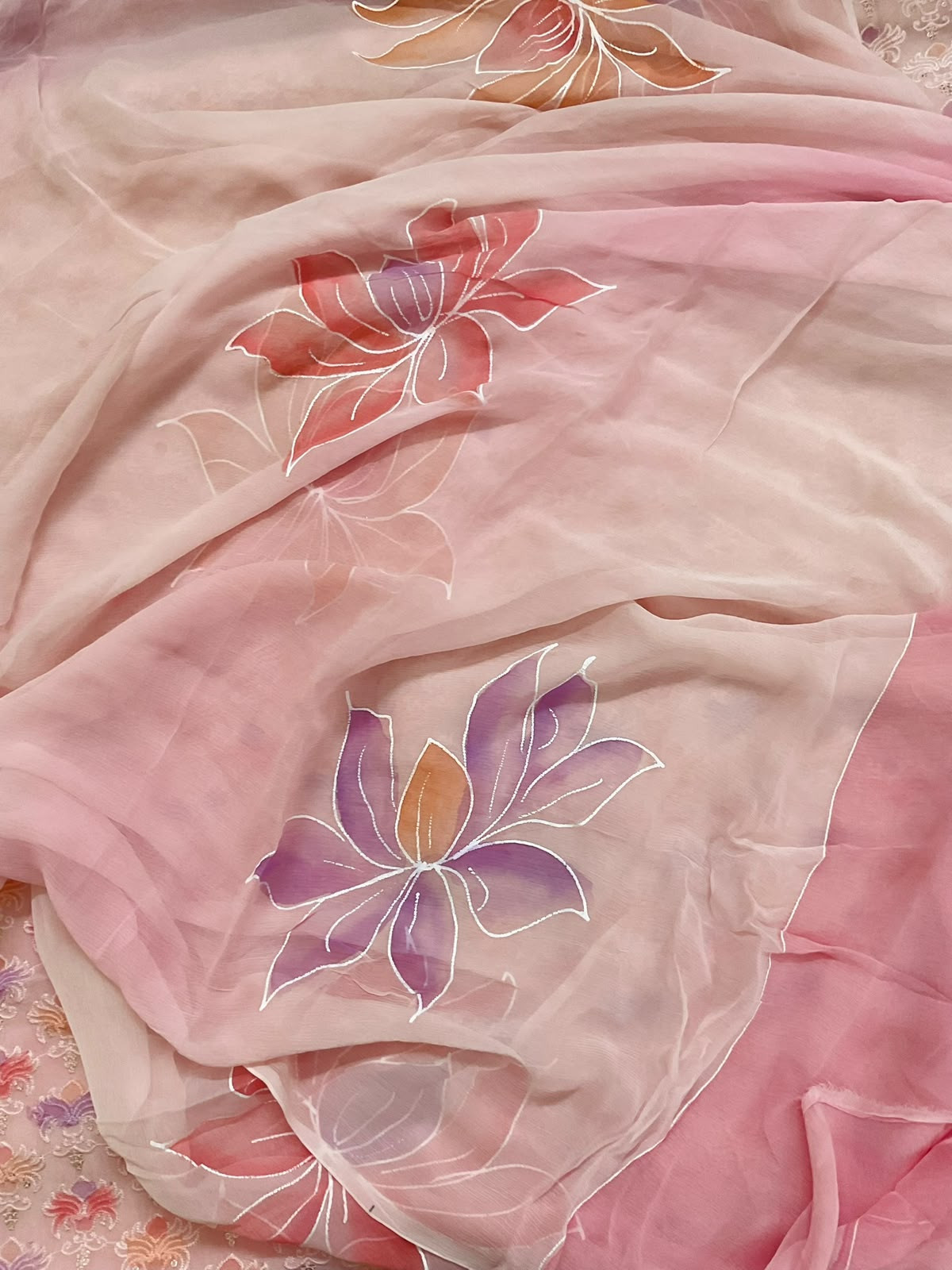 Pure Organza Brush Painted Embroidered Suit - Pink