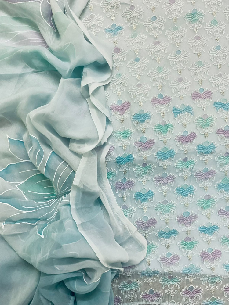 Image of Pure Organza Brush Painted Embroidered Suit - Blue