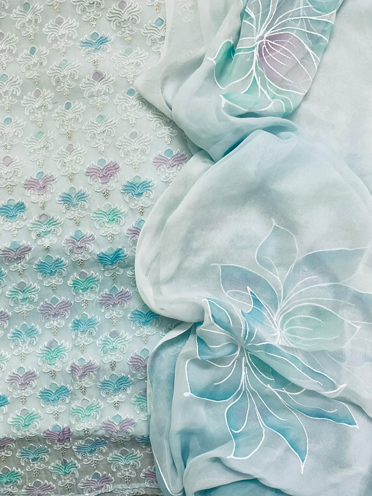 Pure Organza Brush Painted Embroidered Suit - Blue