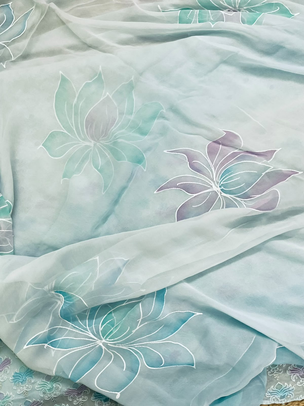 Pure Organza Brush Painted Embroidered Suit - Blue