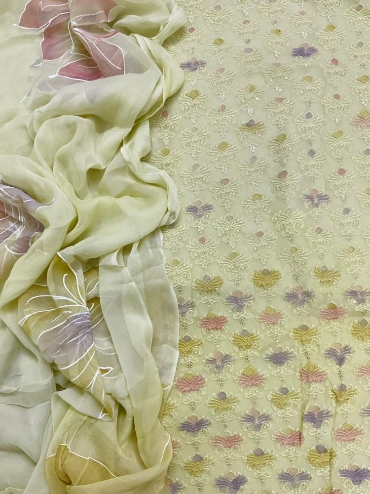 Image of Pure Organza Brush Painted Embroidered Suit - Yellow
