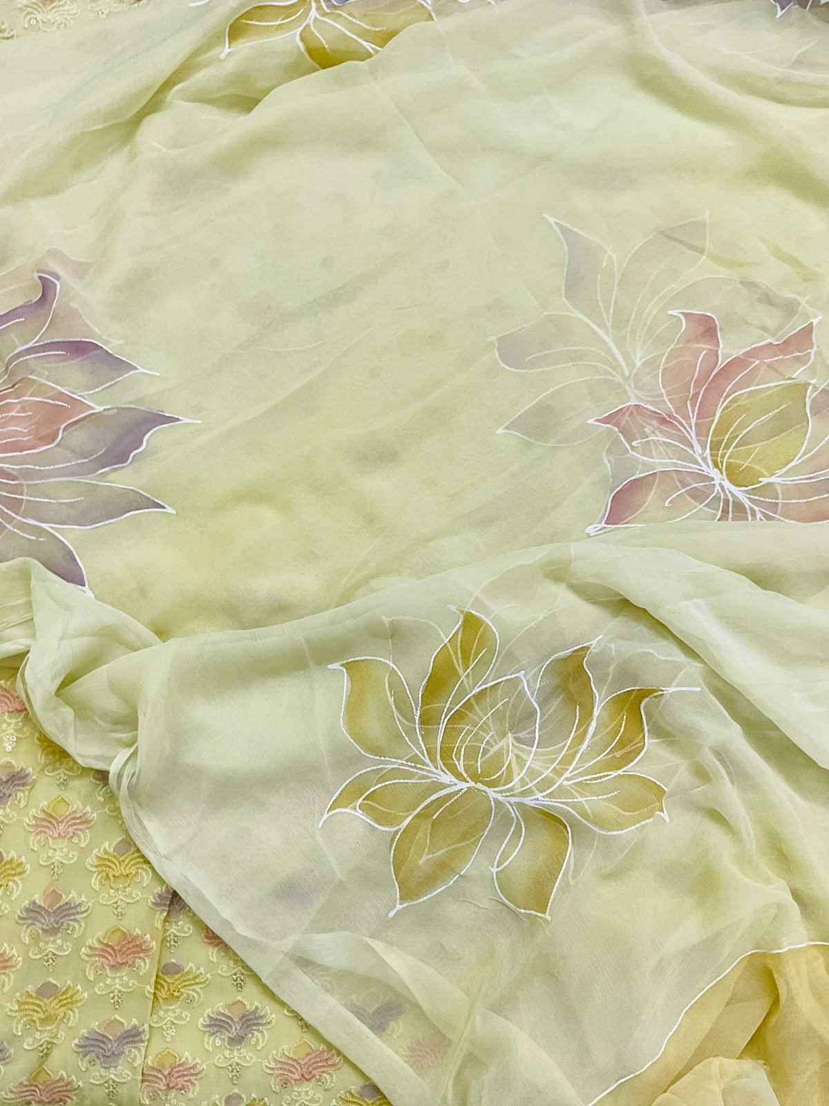 Pure Organza Brush Painted Embroidered Suit - Yellow