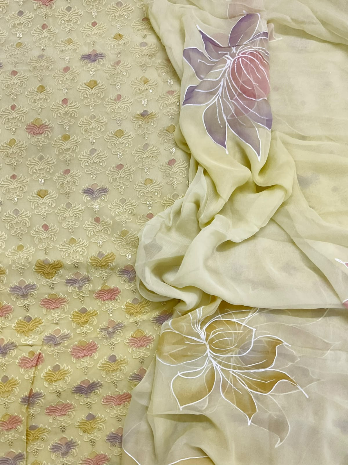 Pure Organza Brush Painted Embroidered Suit - Yellow