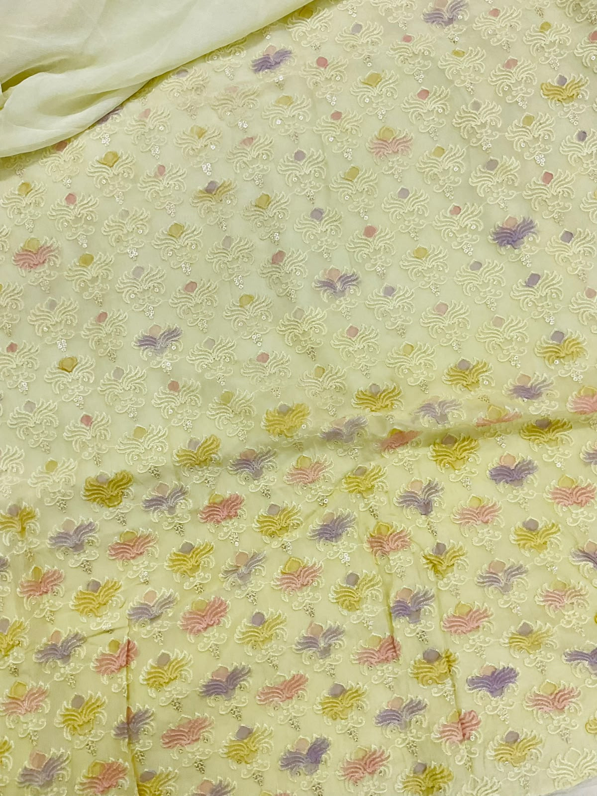 Pure Organza Brush Painted Embroidered Suit - Yellow