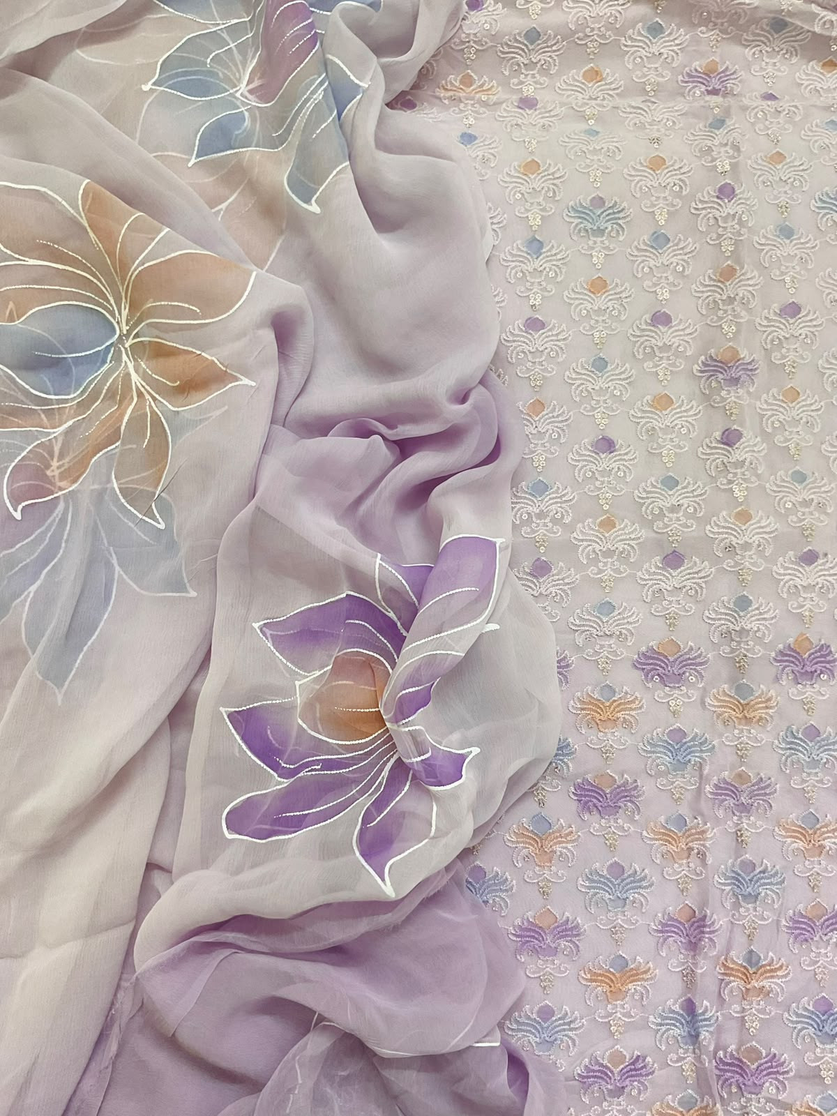Pure Organza Brush Painted Embroidered Suit - Lavender