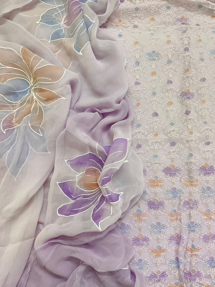 Image of Pure Organza Brush Painted Embroidered Suit - Lavender