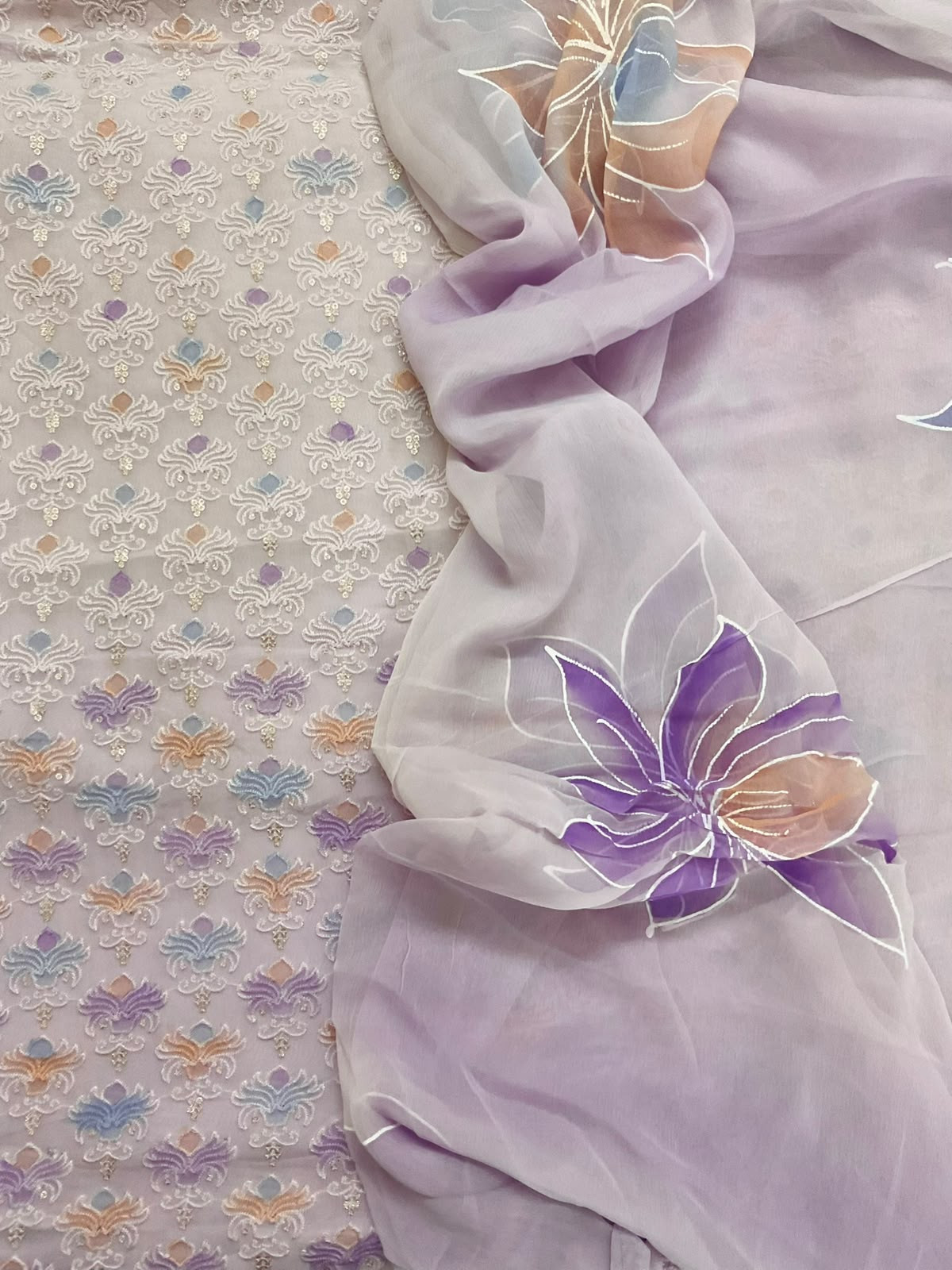 Pure Organza Brush Painted Embroidered Suit - Lavender