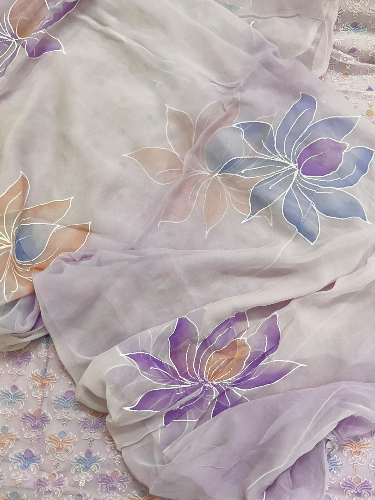 Pure Organza Brush Painted Embroidered Suit - Lavender