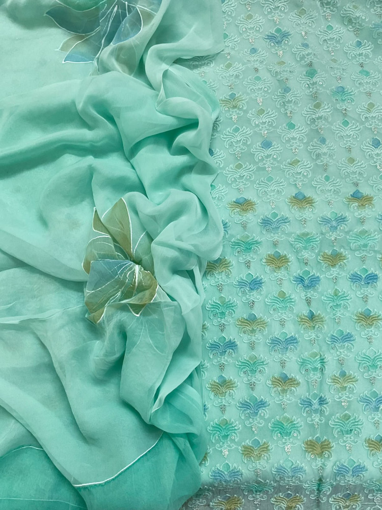 Image of Pure Organza Brush Painted Embroidered Suit - SEAGREEN