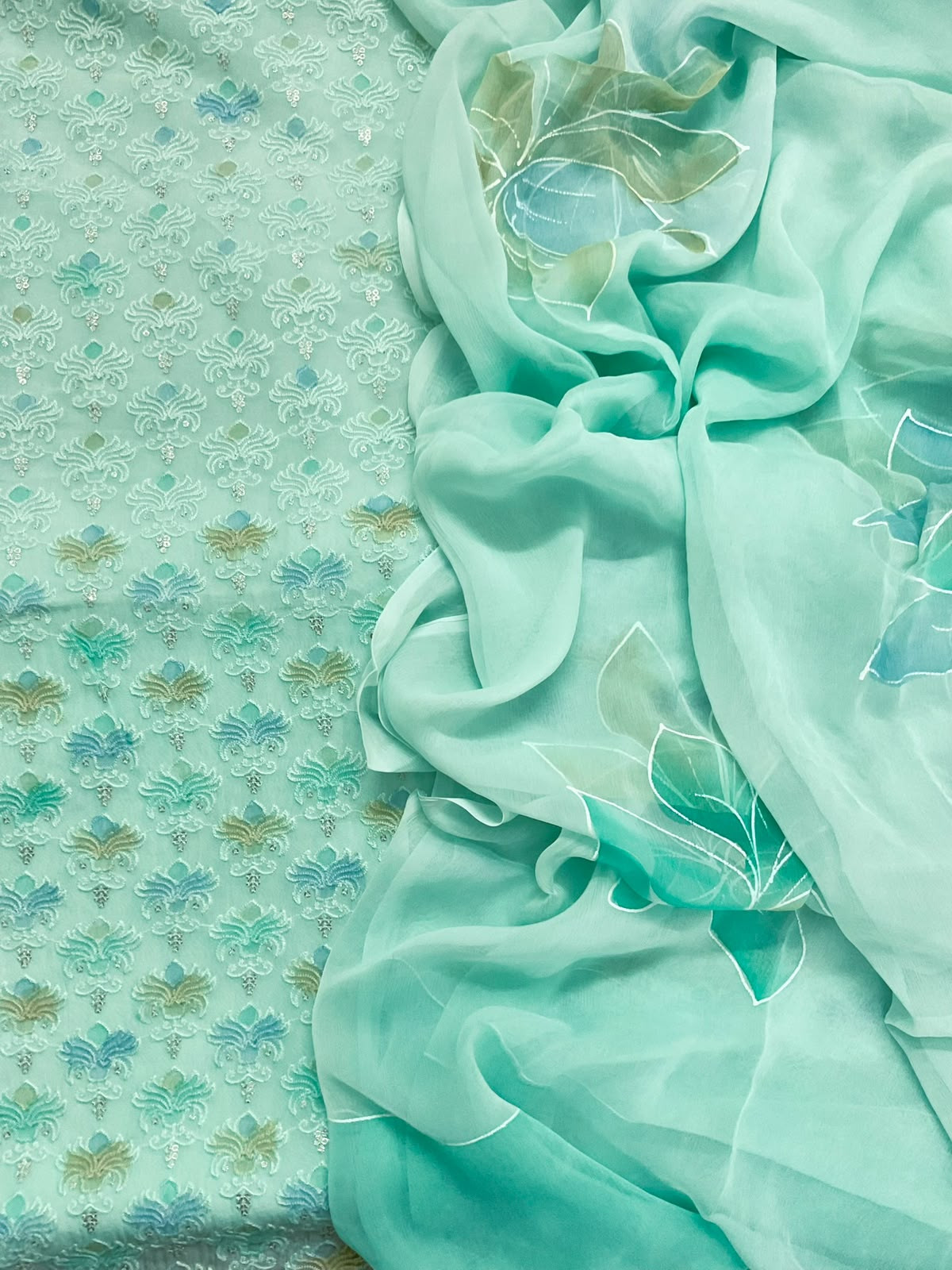Pure Organza Brush Painted Embroidered Suit - SEAGREEN