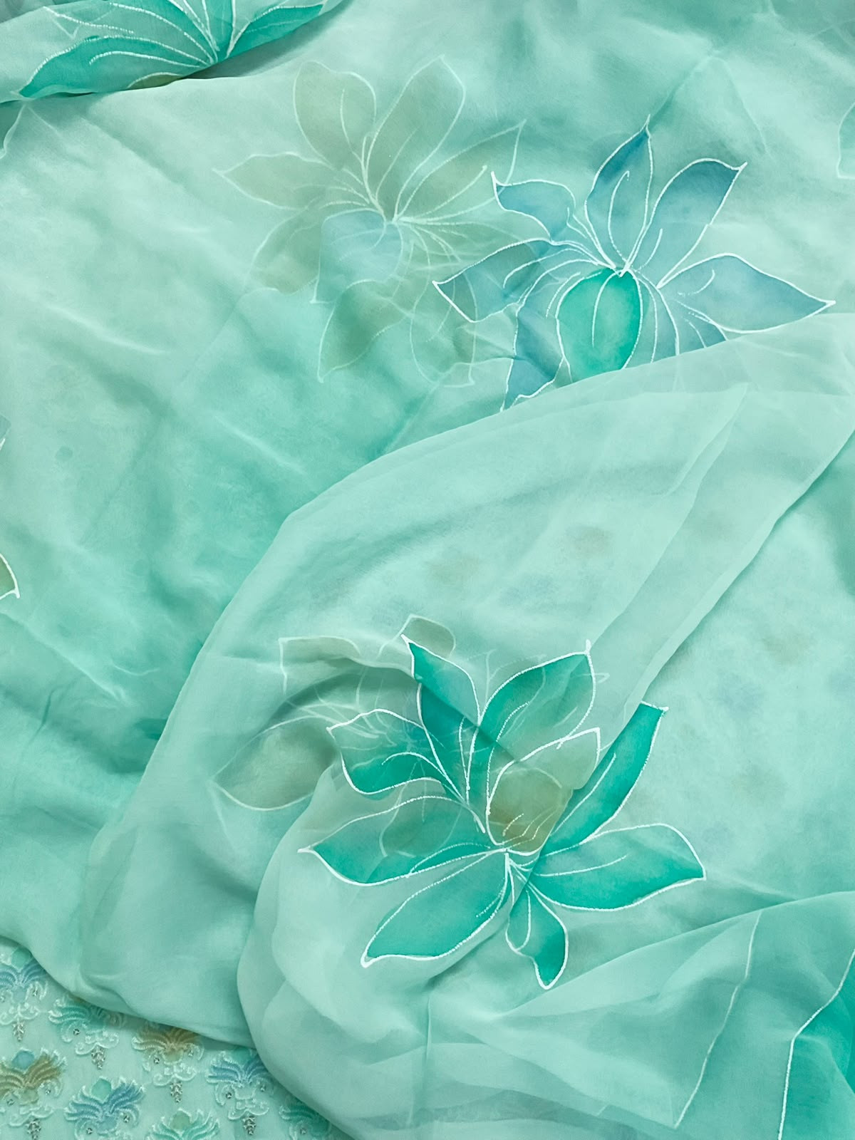 Pure Organza Brush Painted Embroidered Suit - SEAGREEN