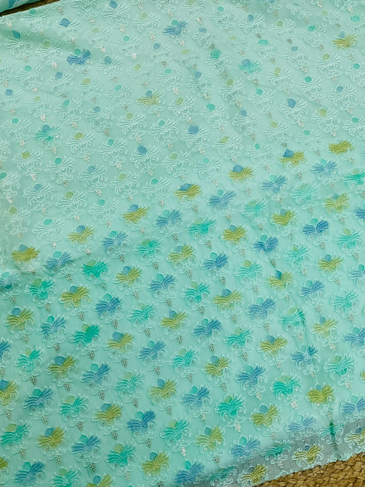 Pure Organza Brush Painted Embroidered Suit - SEAGREEN