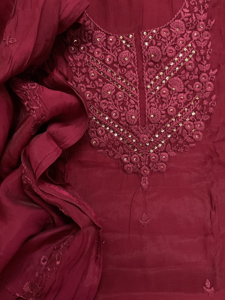 Image of Soft Muslin Embroidered Suit - Dark Maroon
