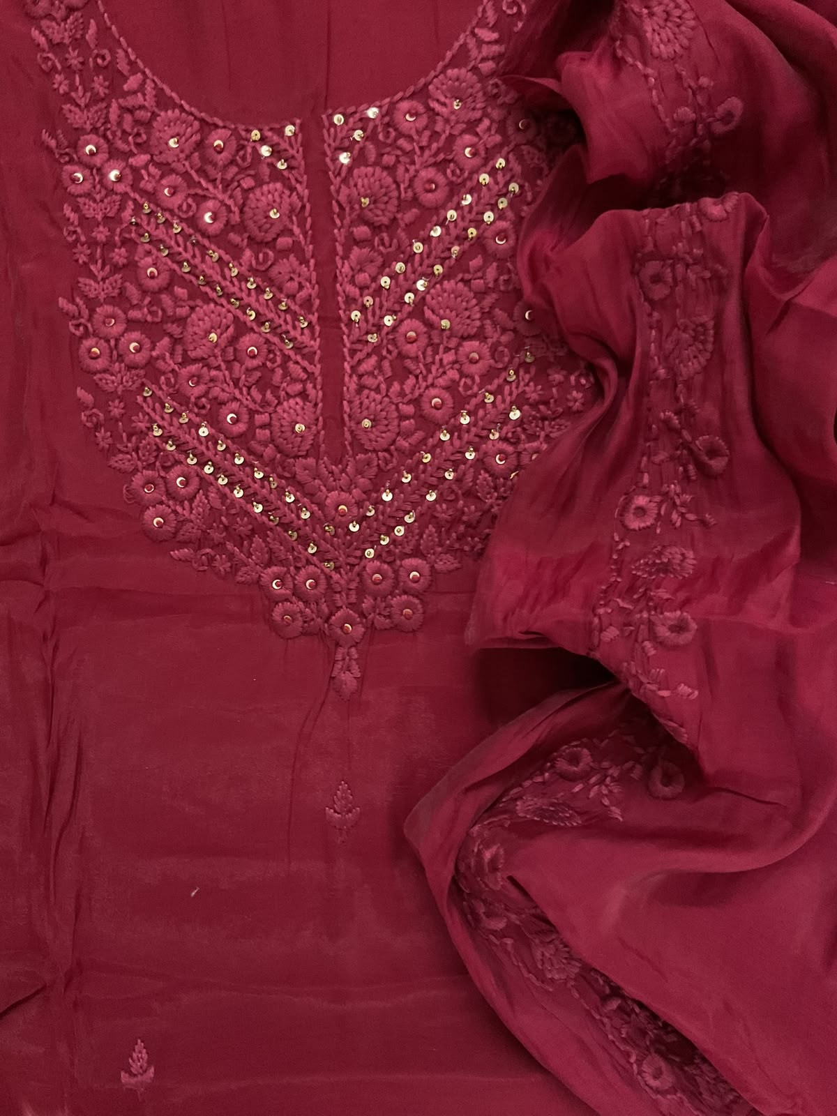 Soft Muslin Embroidered Suit - Dark Maroon