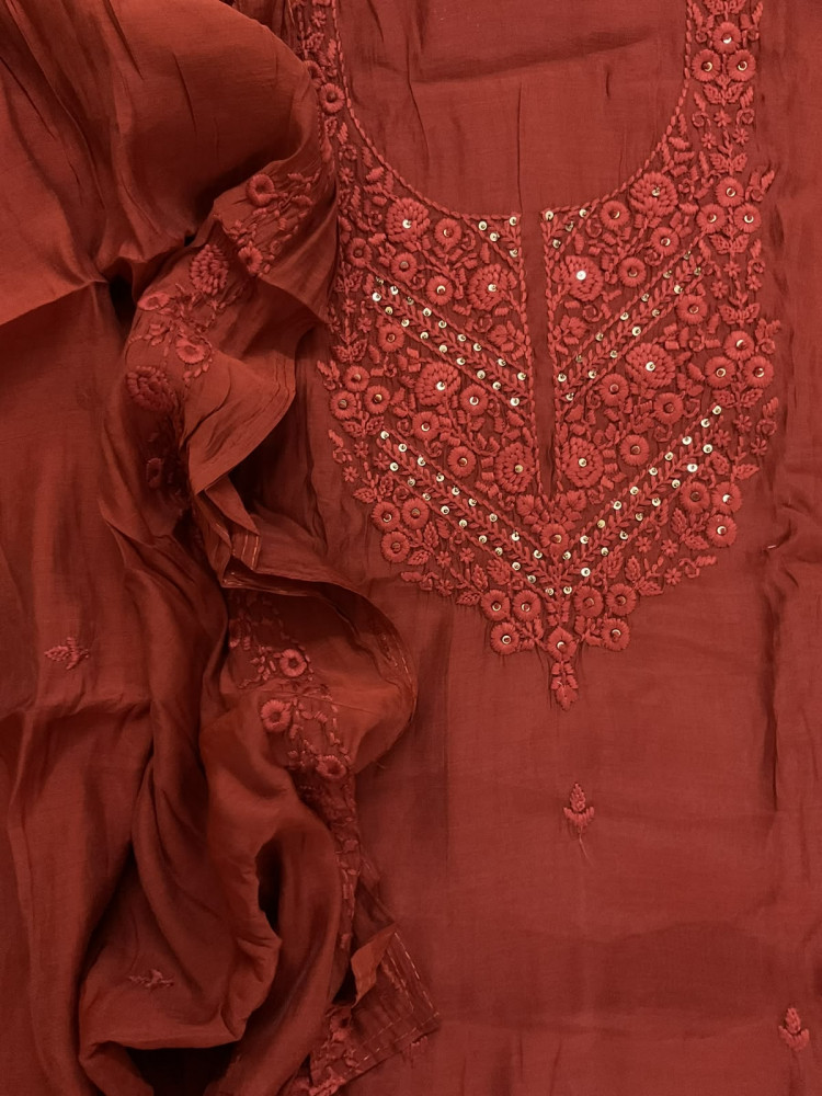 Image of Soft Muslin Embroidered Suit - Dark Orange