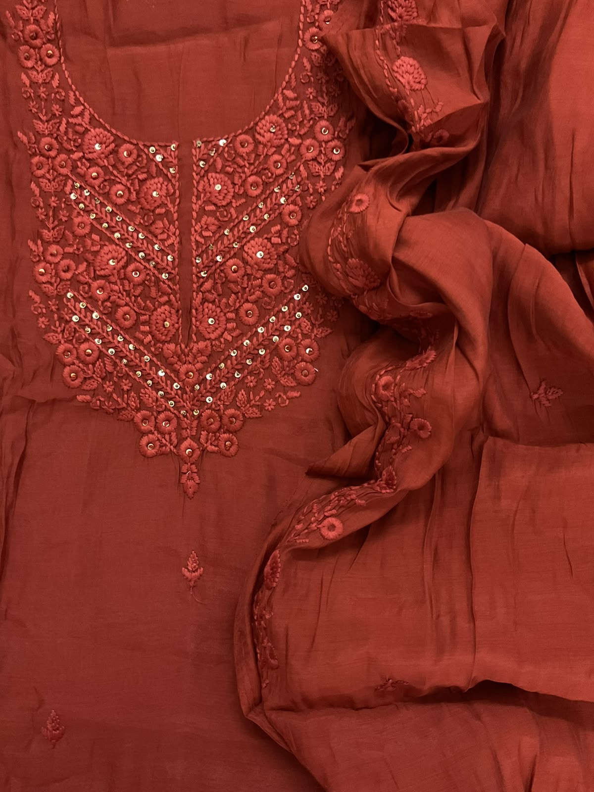 Soft Muslin Embroidered Suit - Dark Orange
