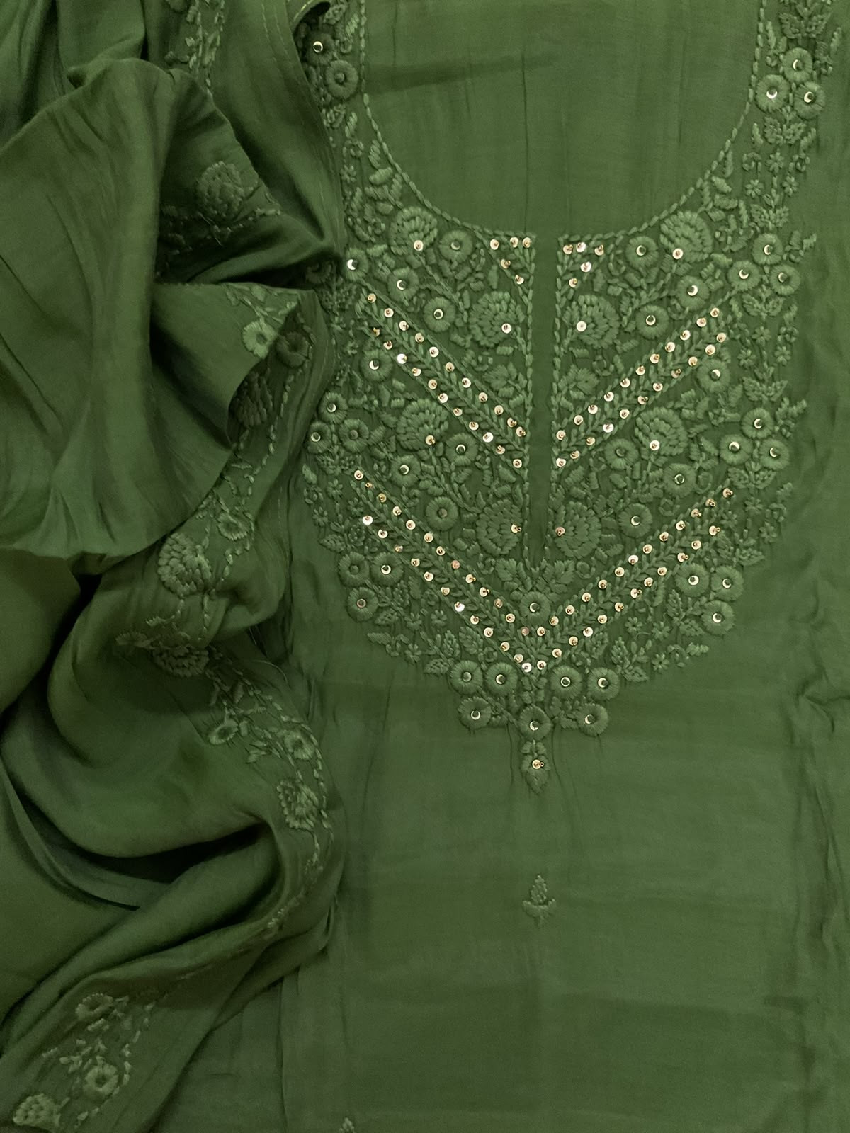 Soft Muslin Embroidered Suit - Dark Green