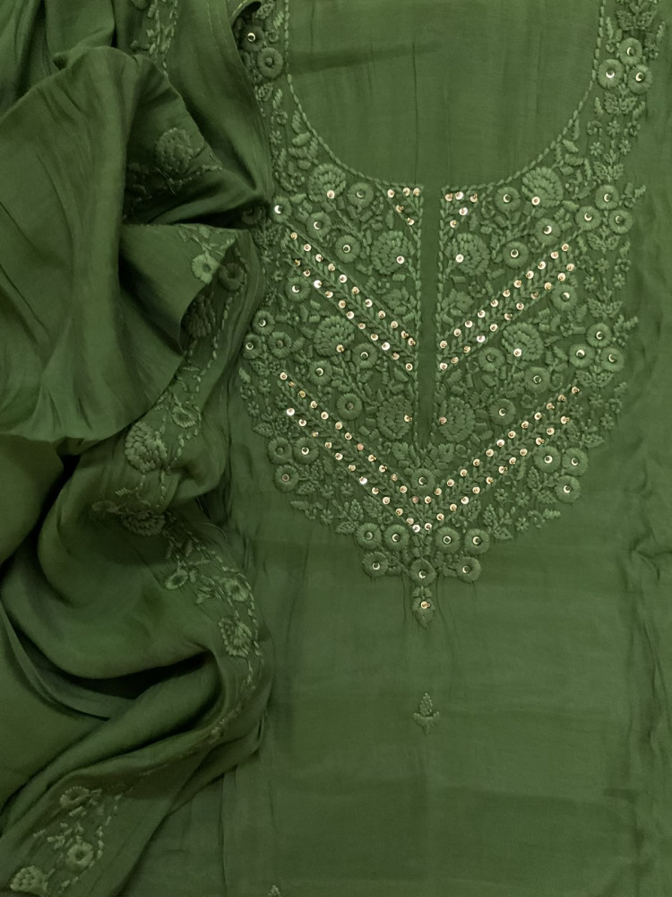 Image of Soft Muslin Embroidered Suit - Dark Green