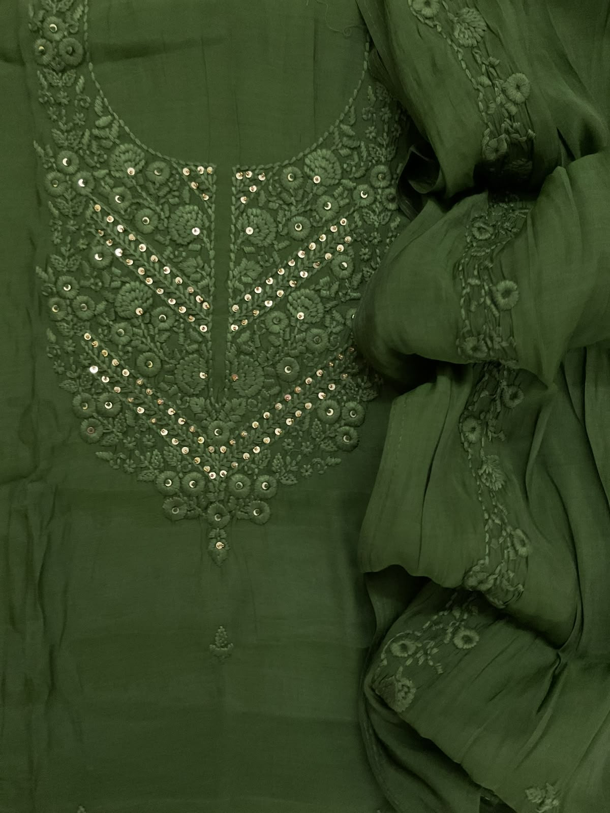 Soft Muslin Embroidered Suit - Dark Green