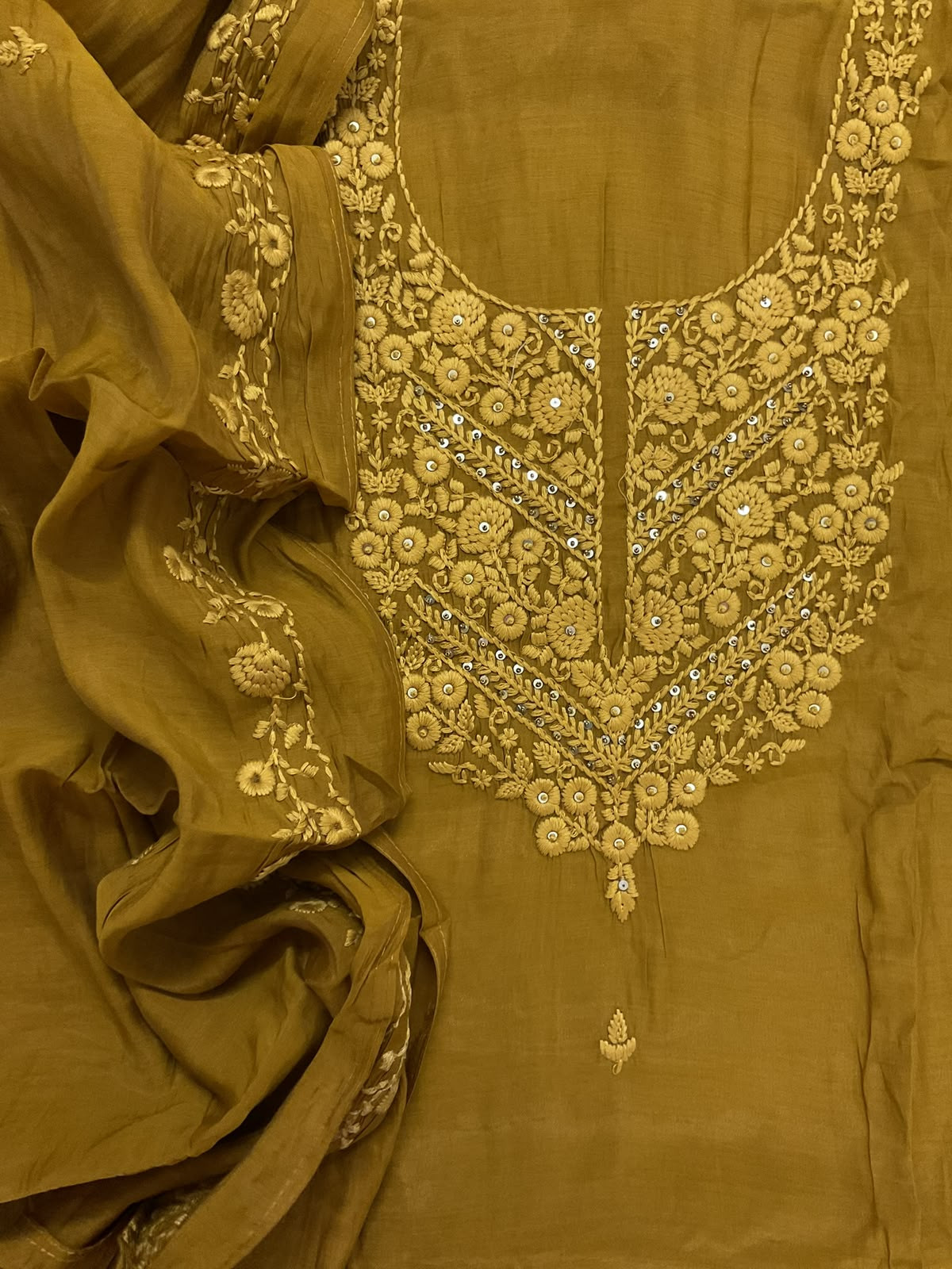 Soft Muslin Embroidered Suit - Dark Mustard